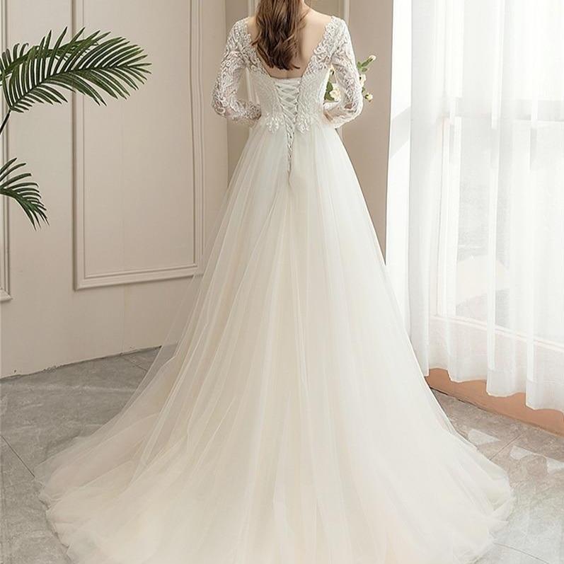 A-Line Button Open Back Long Sleeve Vintage Corset Wedding Dress Classic Wedding Dresses BlissGown 