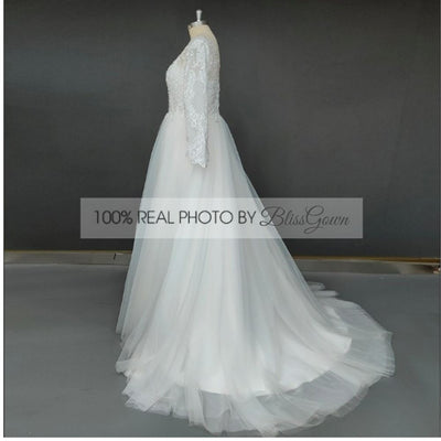 A-Line Button Open Back Long Sleeve Vintage Corset Wedding Dress Vintage Wedding Dresses BlissGown 