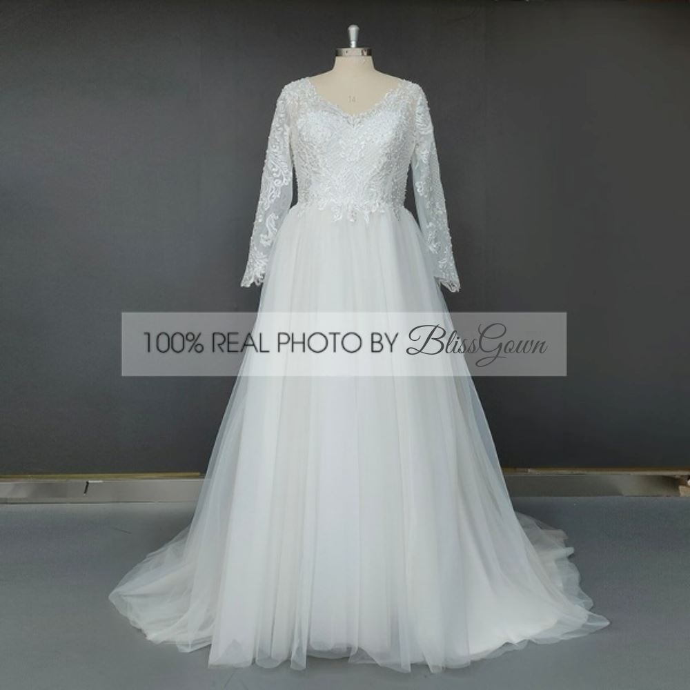 A-Line Button Open Back Long Sleeve Vintage Corset Wedding Dress Vintage Wedding Dresses BlissGown 