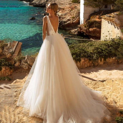 A-line Lace Appliques Tulle Open-back Wedding Dress Beach Wedding Dresses BlissGown 