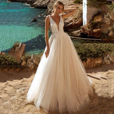 A-line Lace Appliques Tulle Open-back Wedding Dress Beach Wedding Dresses BlissGown ivory 16W 
