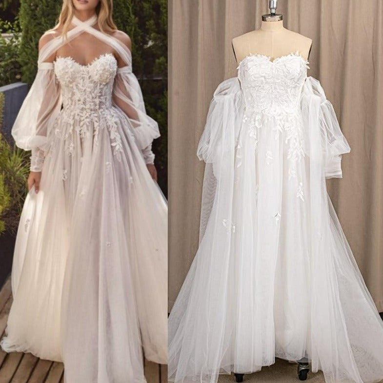 A-Line Long Sleeve Sexy Sweetheart Open Back Beach Bridal Gown Sexy Wedding Dresses BlissGown 