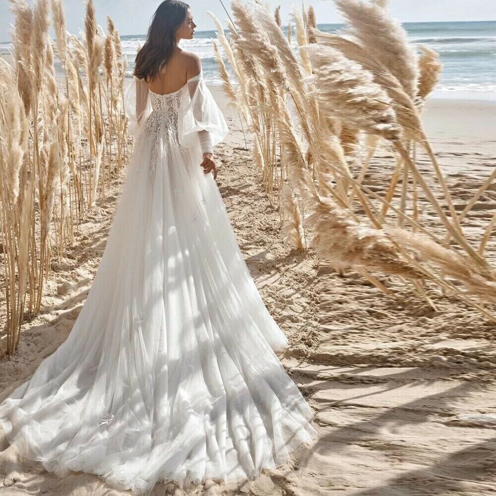 A-Line Long Sleeve Sweetheart Tulle Bridal Gown Boho Wedding Dresses BlissGown 