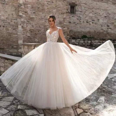 A-Line Off-Shoulder Open Back V-Neck Tulle Lace Applique Wedding Dress Classic Wedding Dresses BlissGown 