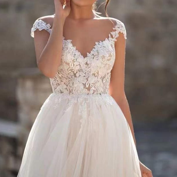 A-Line Off-Shoulder Open Back V-Neck Tulle Lace Applique Wedding Dress Classic Wedding Dresses BlissGown 