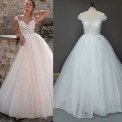 A-Line Off-Shoulder Open Back V-Neck Tulle Lace Applique Wedding Dress Classic Wedding Dresses BlissGown As Picture 14 