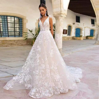 A-Line Open Back Deep V-Neck Tulle Lace Applique Sleeveless Wedding Dress Classic Wedding Dresses BlissGown 