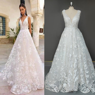 A-Line Tulle Lace Applique Sleeveless Boho Wedding Dress