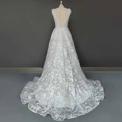 A-Line Open Back Deep V-Neck Tulle Lace Applique Sleeveless Wedding Dress Classic Wedding Dresses BlissGown 