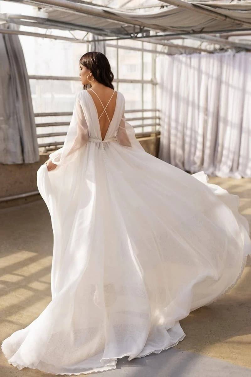 A Line Puff Sleeves Open V Back Tulle Bridal Gowns Classic Wedding Dresses BlissGown 
