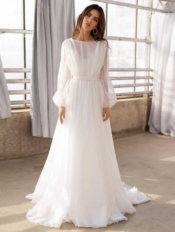 A Line Puff Sleeves Open V Classic Wedding Dresses BlissGown 