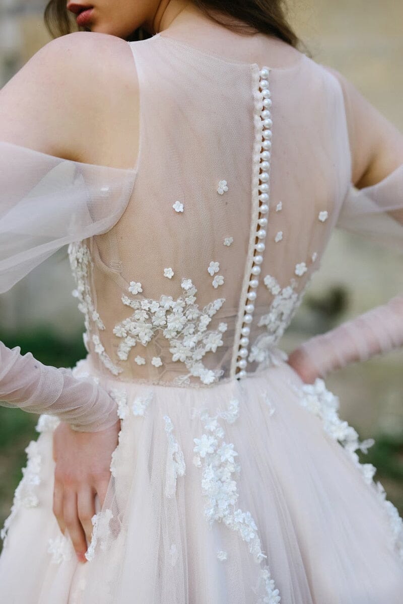 A-Line Sheer Back Floral Appliques Tulle Princess Wedding Dress Boho Wedding Dresses BlissGown 