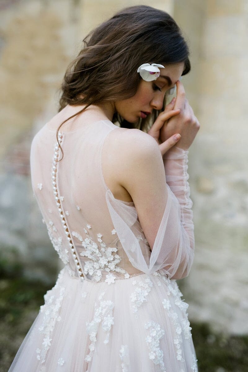 A-Line Sheer Back Floral Appliques Tulle Princess Wedding Dress Boho Wedding Dresses BlissGown 