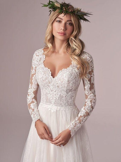 A Line Tulle Lace Long Sleeve Bridal Dresses Beach Wedding Dresses BlissGown 