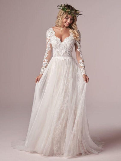 A Line Tulle Lace Long Sleeve Bridal Dresses Beach Wedding Dresses BlissGown 