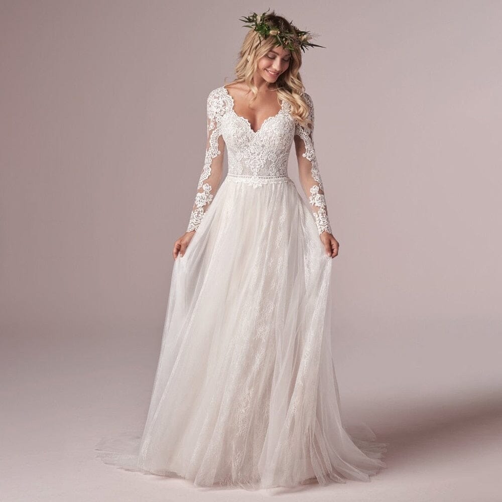 A Line Tulle Lace Long Sleeve Bridal Dresses Boho Wedding Dresses BlissGown 