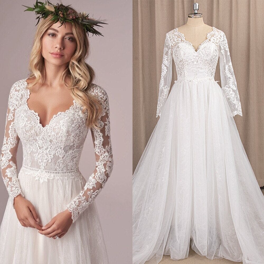 A Line Tulle Lace Long Sleeve Bridal Dresses Boho Wedding Dresses BlissGown All White 2 