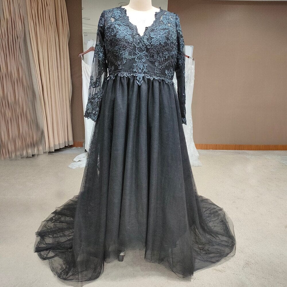 A Line Tulle Lace Long Sleeve Bridal Dresses Boho Wedding Dresses BlissGown Black 2 