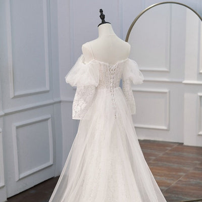 A-Line V Neck Lace Tulle With Long Sleeves Bridal Gown Vintage Wedding Dresses BlissGown 