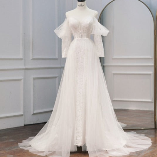A-Line V Neck Lace Tulle With Long Sleeves Bridal Gown Vintage Wedding Dresses BlissGown as the picture 2 