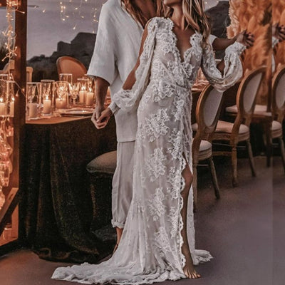 Lace Bohemian Stylish Open Back See-Through Wedding Dress