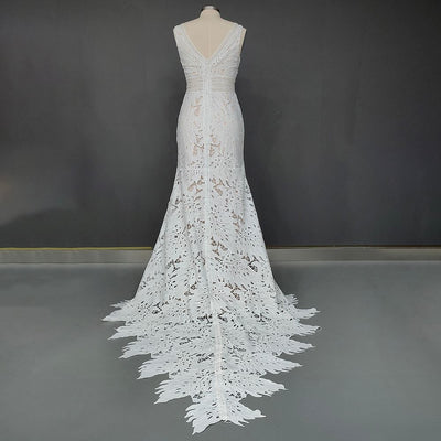 Allover Lace Deep V Neckline Cutout Scalloped Train Rustic Bridal Gown Boho Wedding Dresses BlissGown 