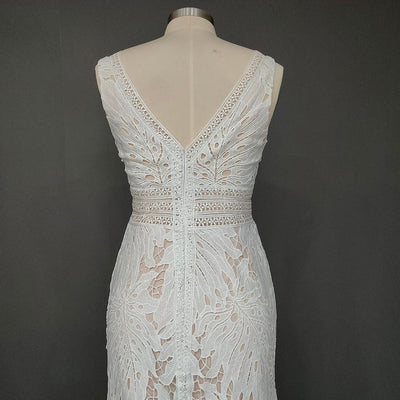 Allover Lace Deep V Neckline Cutout Scalloped Train Rustic Bridal Gown Boho Wedding Dresses BlissGown 