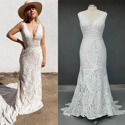 Allover Lace Deep V Neckline Cutout Scalloped Train Rustic Bridal Gown Boho Wedding Dresses BlissGown White 2 