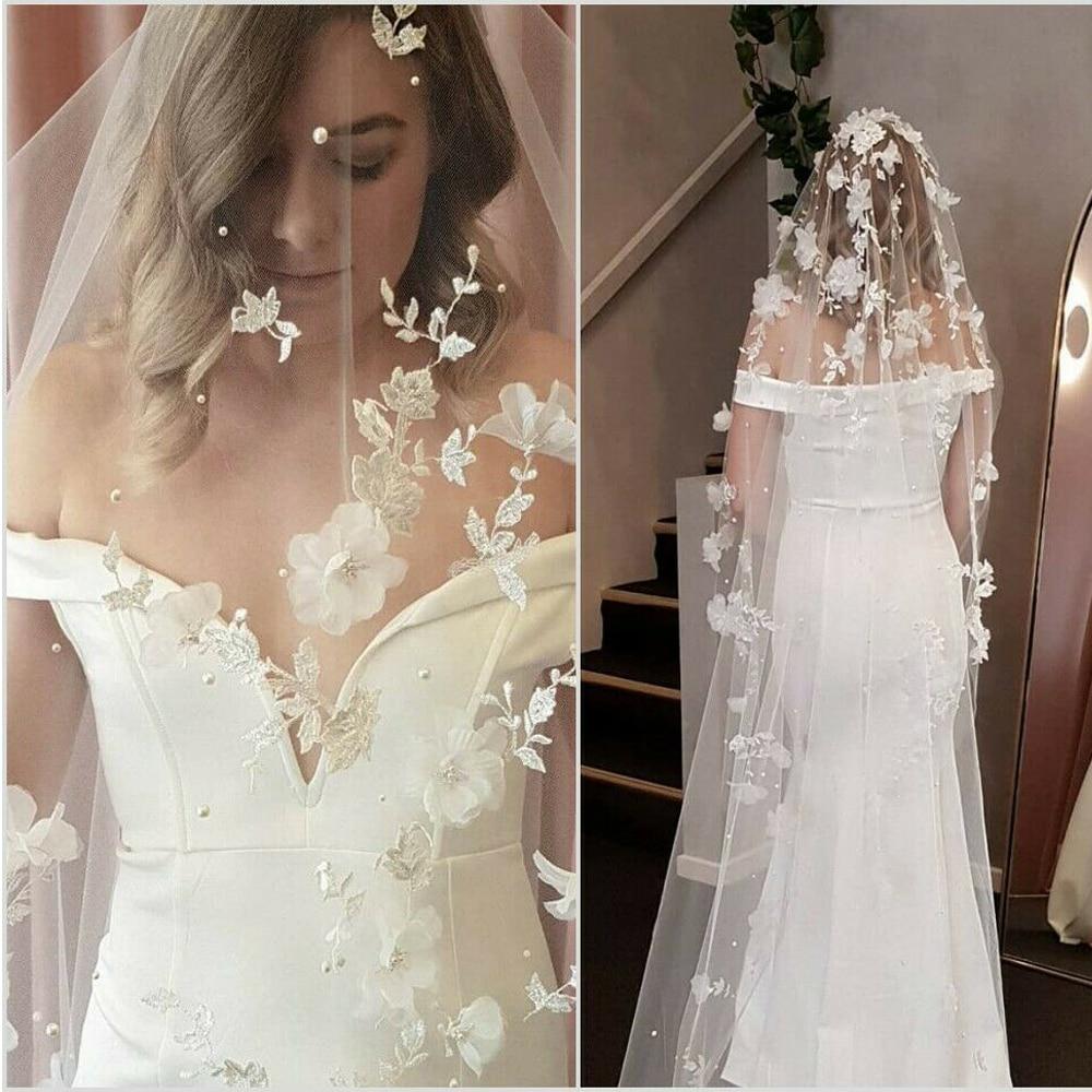 Appliques 3D Flowers Pearls Bridal Veil Wedding Accessories BlissGown 