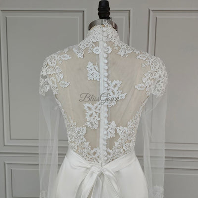 Appliques Lace Long Sleeves High Neck Mermaid Satin Wedding Dress Classic Wedding Dresses BlissGown 
