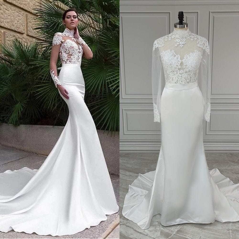 Appliques Lace Long Sleeves High Neck Mermaid Satin Wedding Dress Classic Wedding Dresses BlissGown As Picture 2 