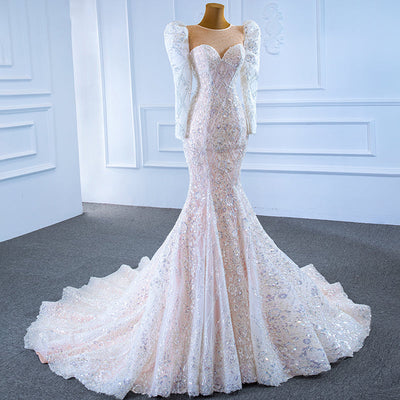 Appliques Sequined Sweetheart Long Sleeve Lace Up Back Beading Wedding Dress Romantic Wedding Dresses BlissGown 
