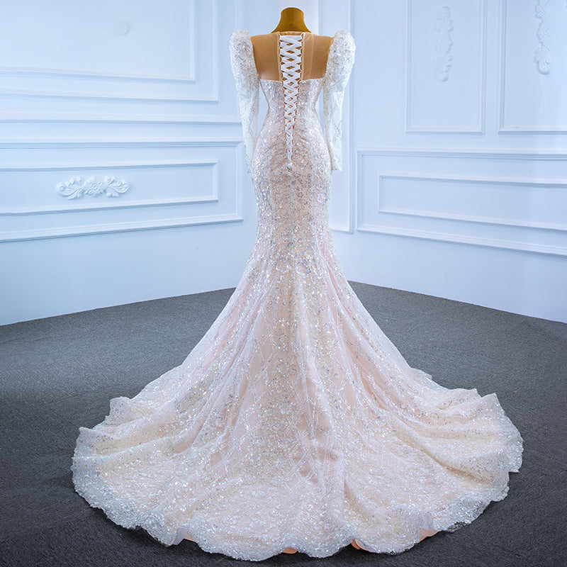Appliques Sequined Sweetheart Long Sleeve Lace Up Back Beading Wedding Dress Romantic Wedding Dresses BlissGown 