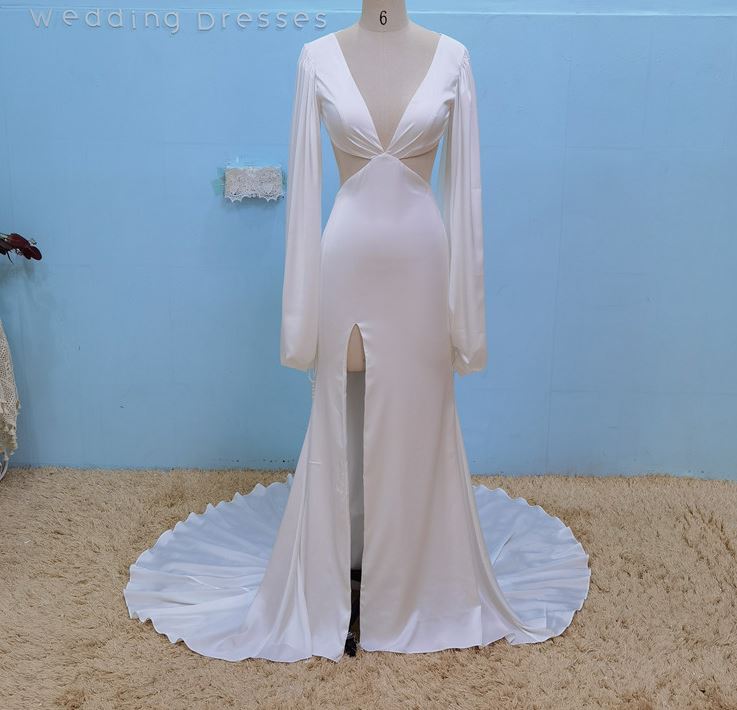 Backless Beaded Lantern Sleeve Mermaid Wedding Dress Sexy Wedding Dresses BlissGown 