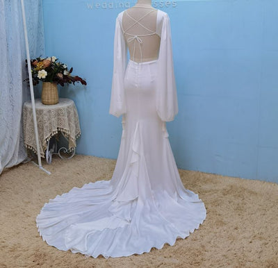 Backless Beaded Lantern Sleeve Mermaid Wedding Dress Sexy Wedding Dresses BlissGown 