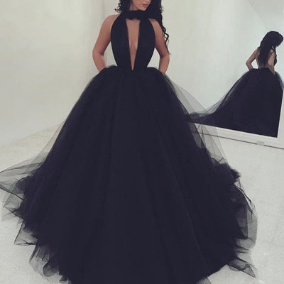 Backless Floor Length Sexy Tulle Prom Dress Ball Gown Prom Dresses BlissGown 