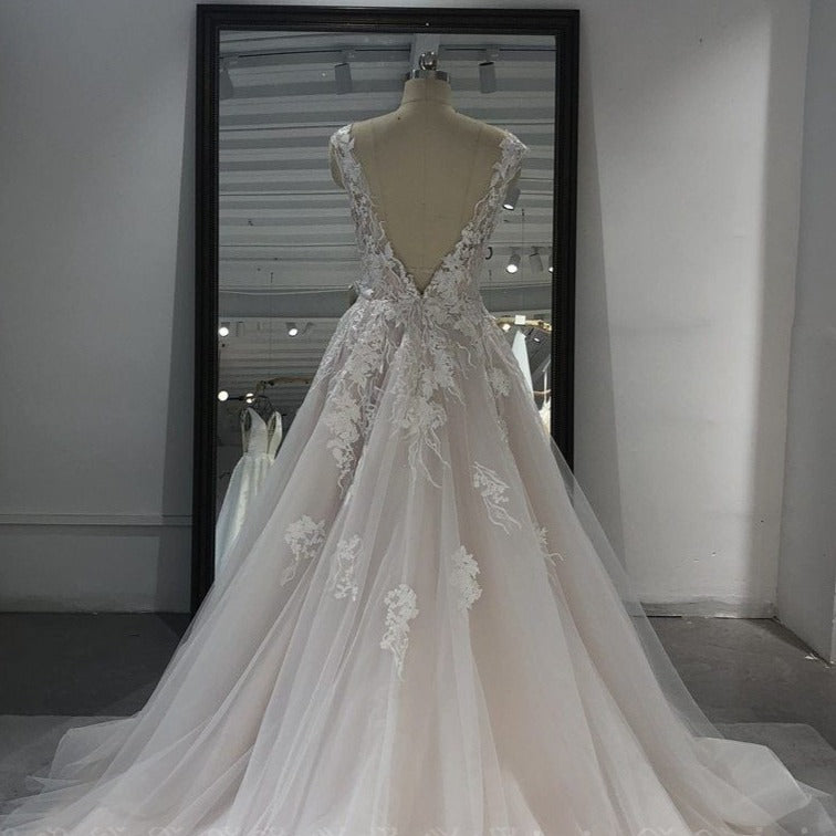 Backless Lace Elegant A Line Plus Size Beaded Wedding Dress Vintage Wedding Dresses BlissGown 