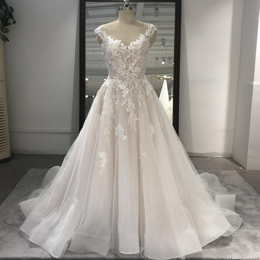 Backless Lace Elegant A Line Plus Size Beaded Wedding Dress Vintage Wedding Dresses BlissGown 