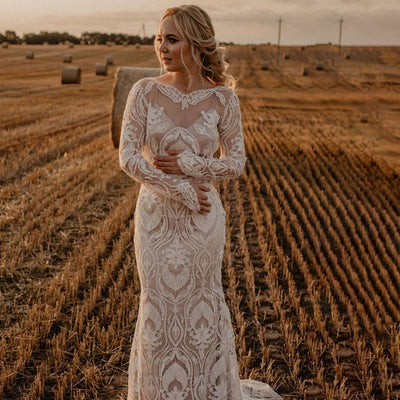Backless Long Sleeves Lace Rustic Wedding Dress