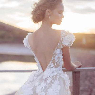 Backless O-Neck Appliques 3D Flowers Bridal Gown Boho Wedding Dresses BlissGown 