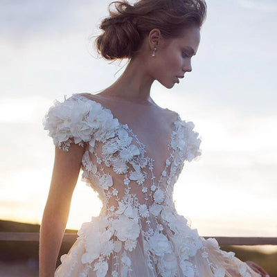 Backless O-Neck Appliques 3D Flowers Bridal Gown Boho Wedding Dresses BlissGown 