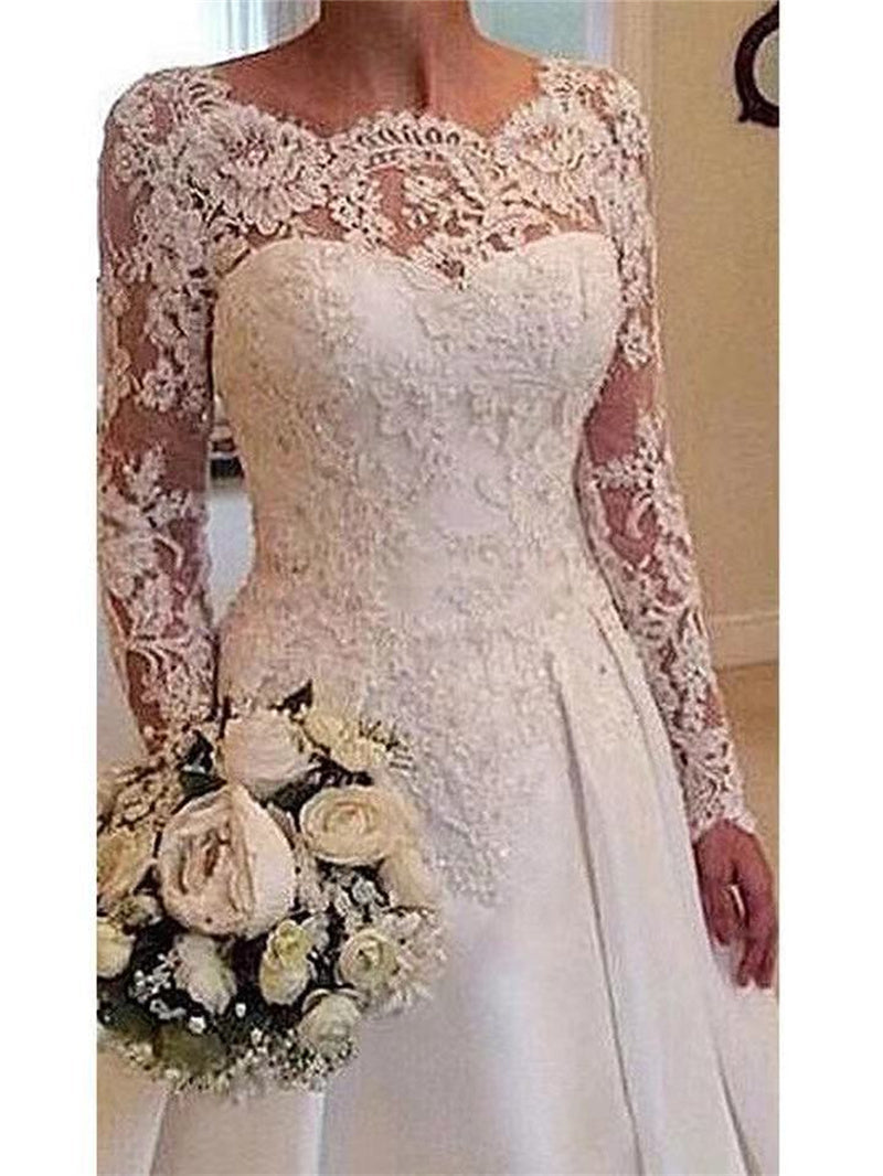 Backless Round Neck Lace Applique Sheer Long Sleeve Wedding Dress Classic Wedding Dresses BlissGown 
