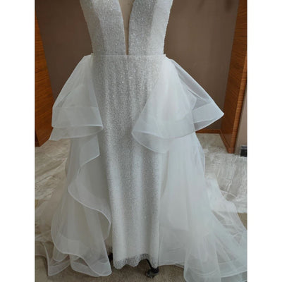 Backless V-Neck Lace Plus Size Detachable Train Wedding Dress Classic Wedding Dresses BlissGown 