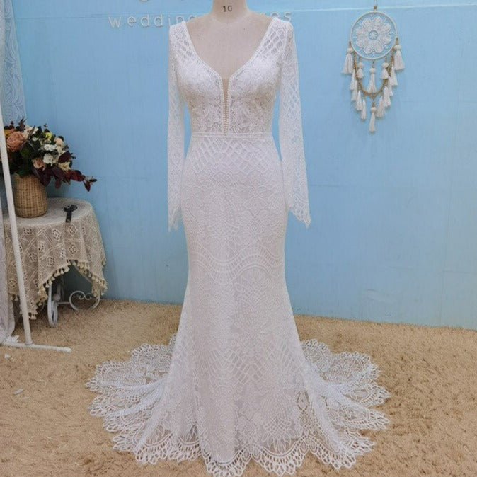 Backless V Neck Long Sleeve Mermaid Wedding Dress Boho Wedding Dresses BlissGown Ivory 4 
