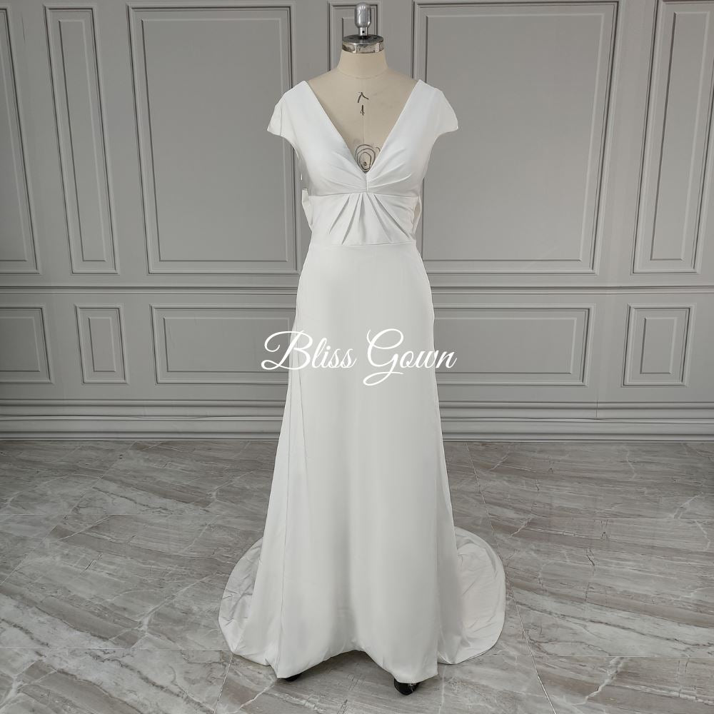 Backless with Bow Sweep Train Satin Wedding Dress Classic Wedding Dresses BlissGown 