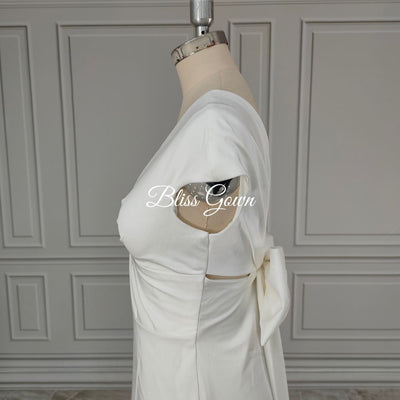 Backless with Bow Sweep Train Satin Wedding Dress Classic Wedding Dresses BlissGown 