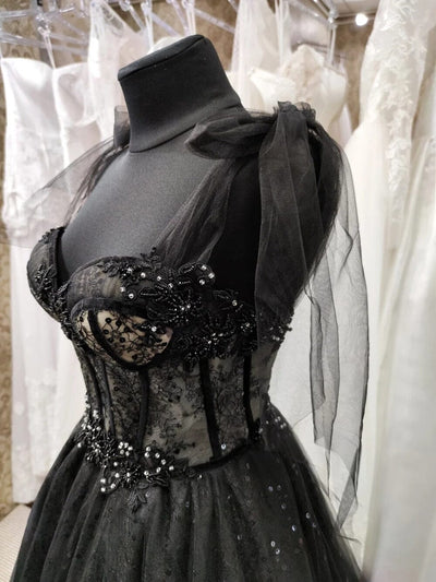 Ball Gown Glitter Sweetheart Gothic Black Wedding Dress Black Wedding Dresses BlissGown 