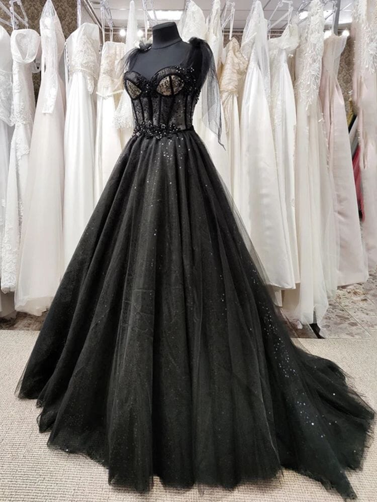 Black Tulle Long Prom Dresses, Black Evening Dress With Ruffles PO376