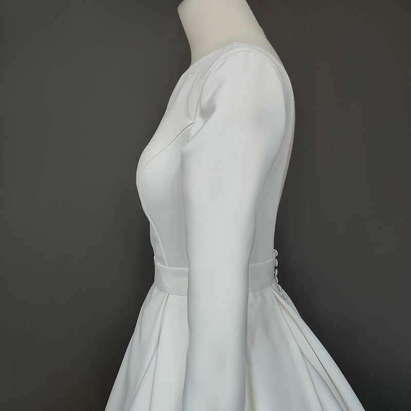 Ball Gown O-Neck High End Satin Long Sleeve Open Back Wedding Dress Classic Wedding Dresses BlissGown 