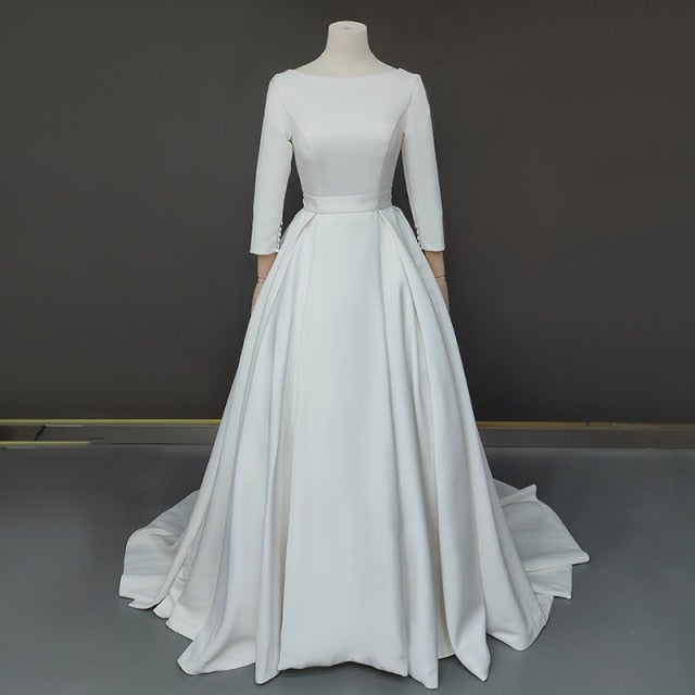 Ball Gown O-Neck High End Satin Long Sleeve Open Back Wedding Dress Classic Wedding Dresses BlissGown As Picture 2 